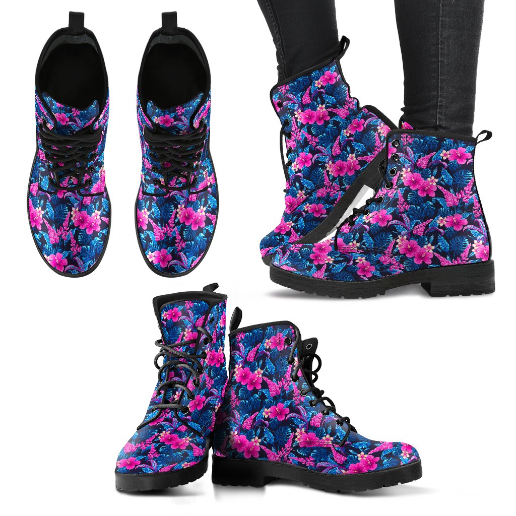 Tropical Folower Pink Themed Print Women Leather Boots-JTAMIGO.COM