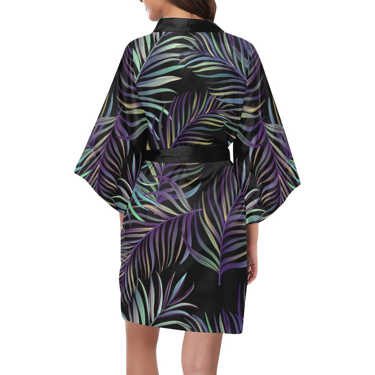 Tropical Palm Leaves Pattern Brightness Women Short Kimono Robe