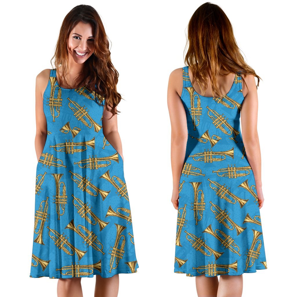 Trumpet Golden Pattern Themed Print Sleeveless Dress