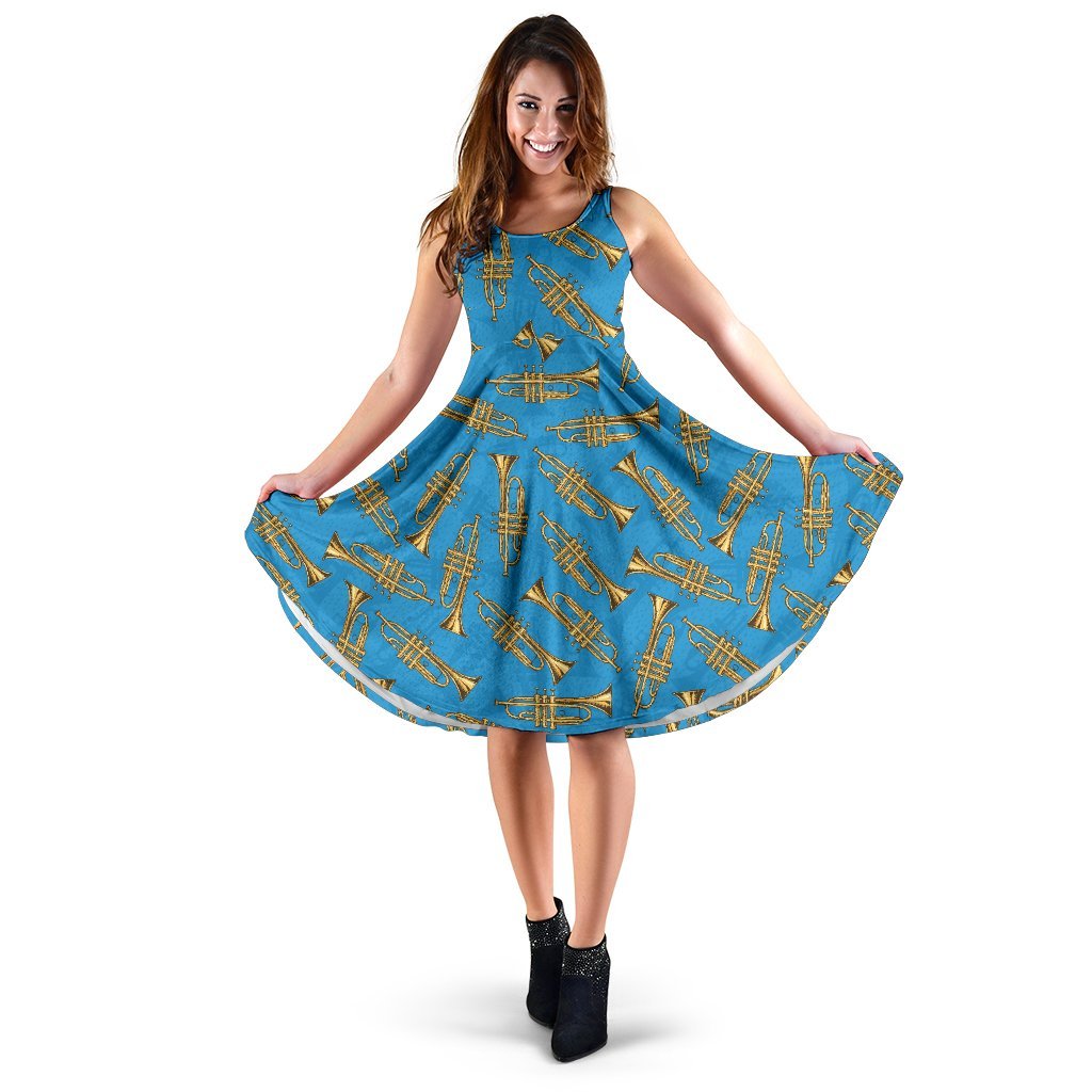 Trumpet Golden Pattern Themed Print Sleeveless Dress