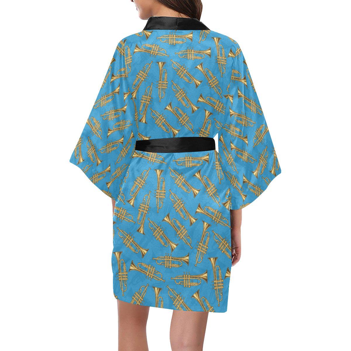 Trumpet Golden Pattern Themed Print Women Short Kimono Robe