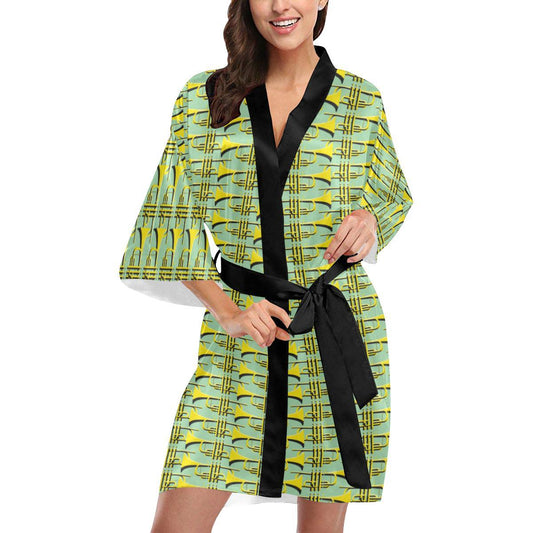Trumpet Vintage Design Print Women Short Kimono Robe