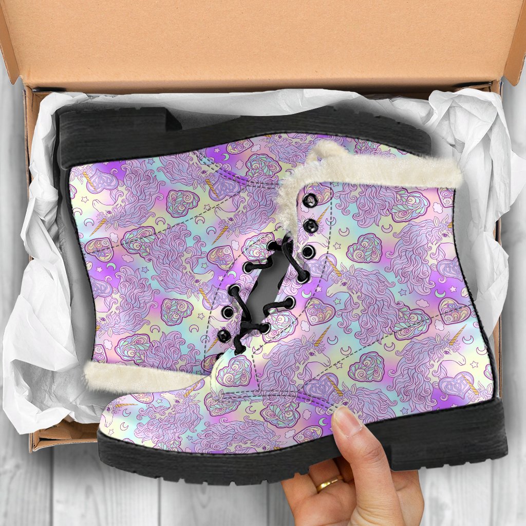 Unicorn Rainbow Star Heart Print Faux Fur Leather Boots-JTAMIGO.COM