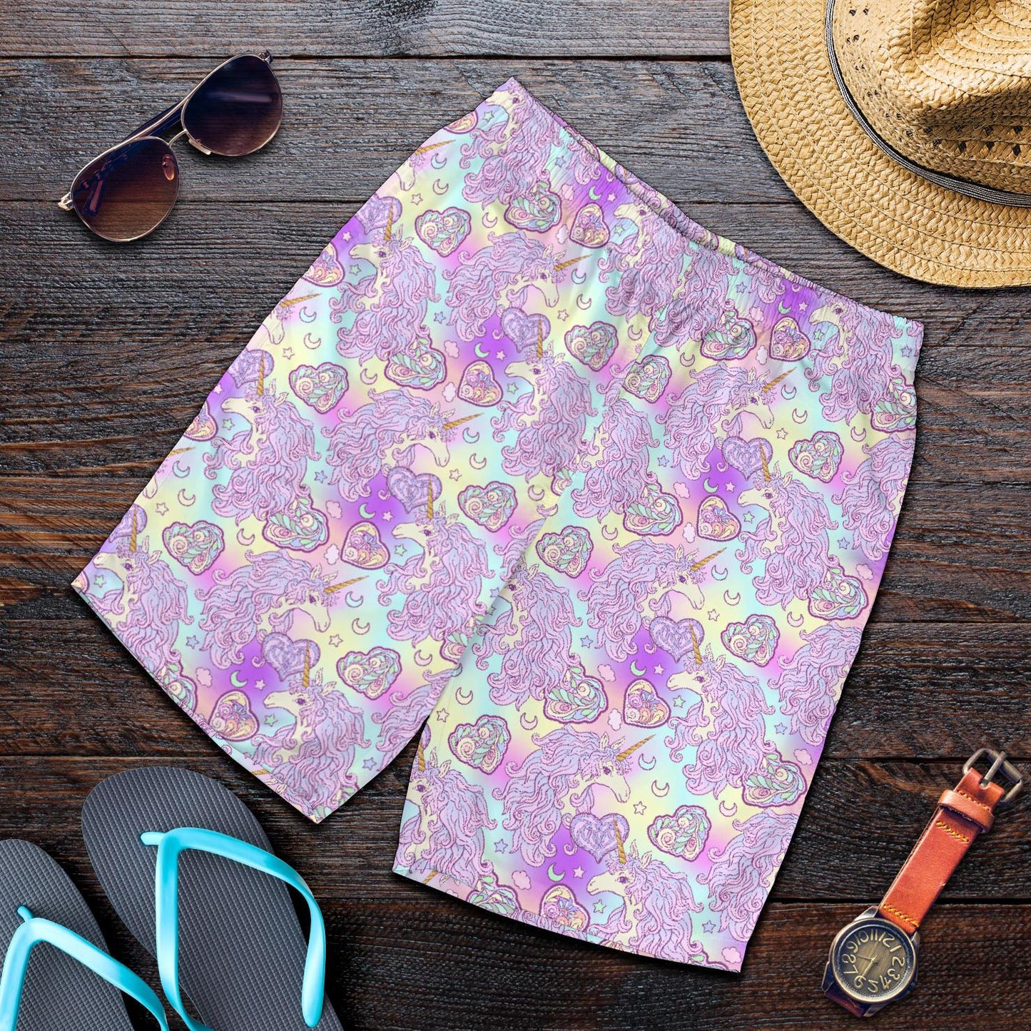 Unicorn Rainbow Star Heart Print Mens Shorts-JTAMIGO.COM