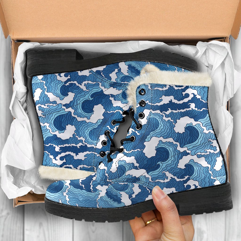 Wave Themed Pattern Print Faux Fur Leather Boots-JTAMIGO.COM