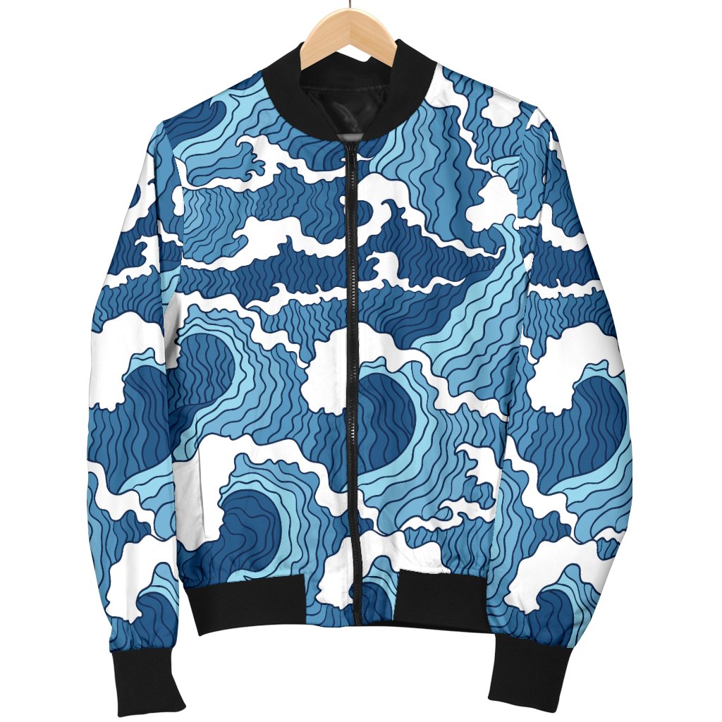Wave Themed Pattern Print Women Casual Bomber Jacket