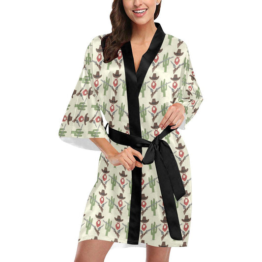 Western Cowboy Print Women Short Kimono Robe