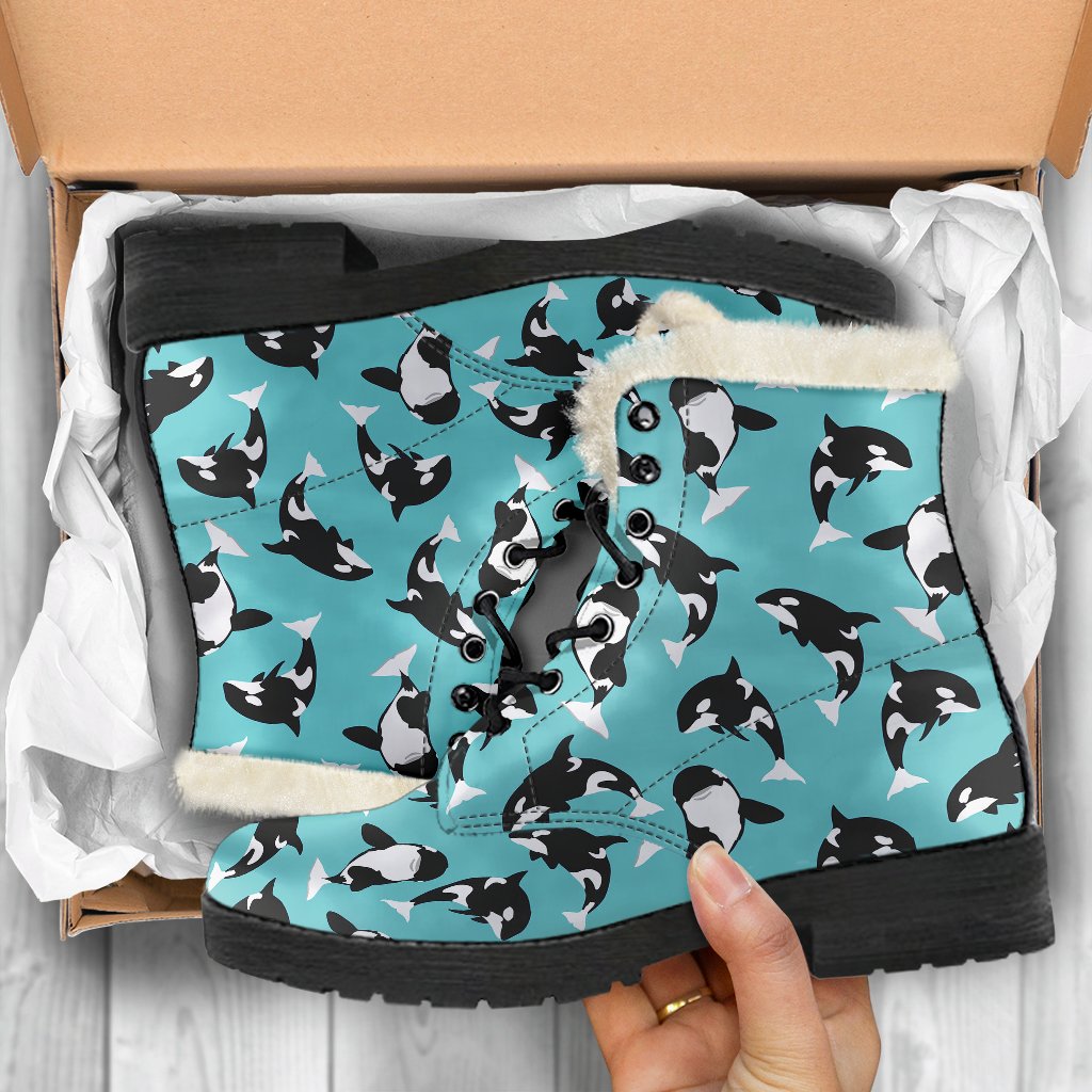 Whale Action Design Themed Print Faux Fur Leather Boots-JTAMIGO.COM