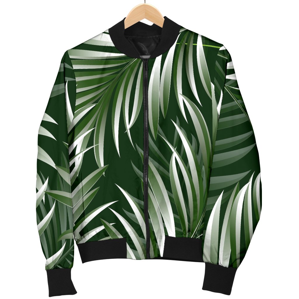 White Green Tropical Palm Leaves Women Casual Bomber Jacket