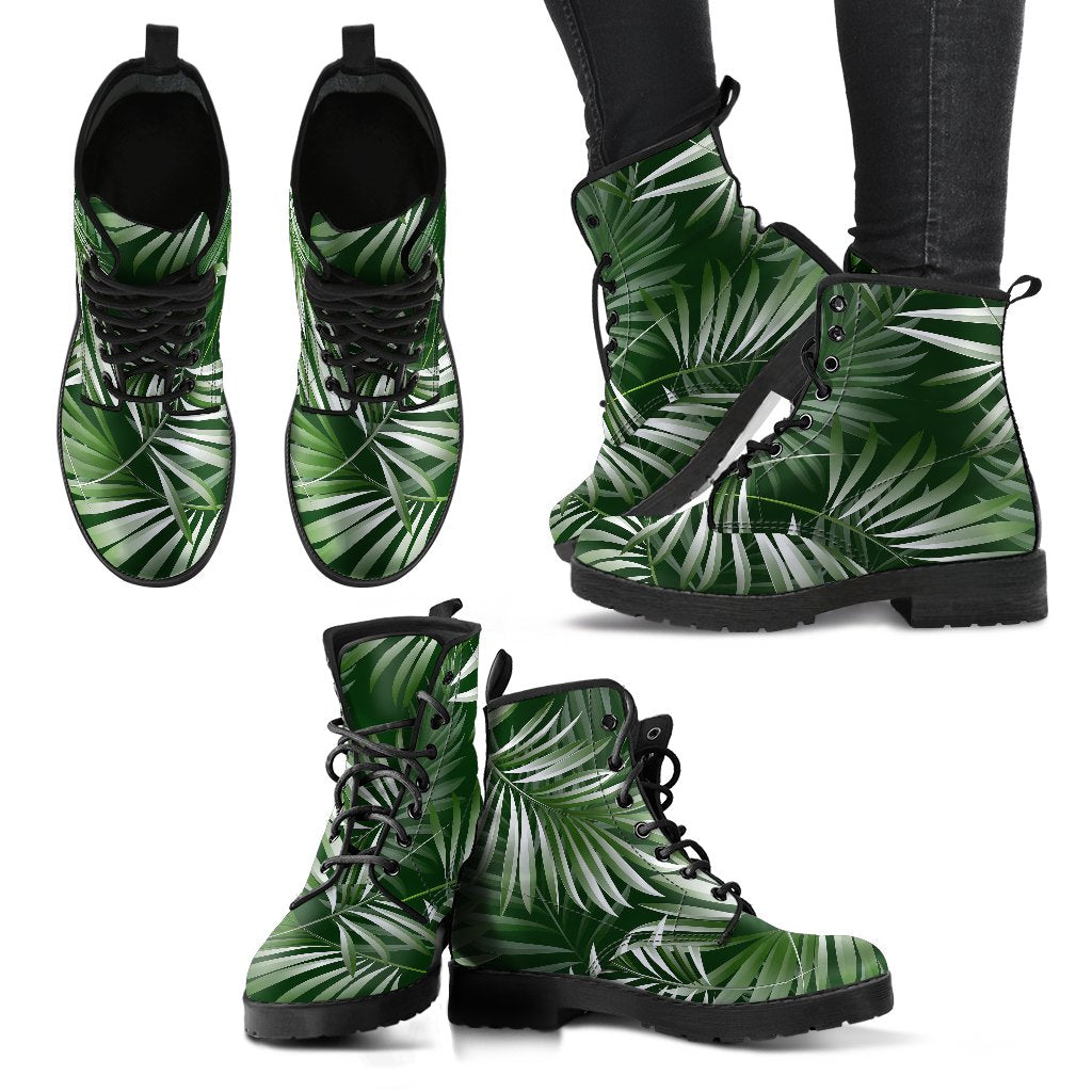 White Green Tropical Palm Leaves Women Leather Boots-JTAMIGO.COM