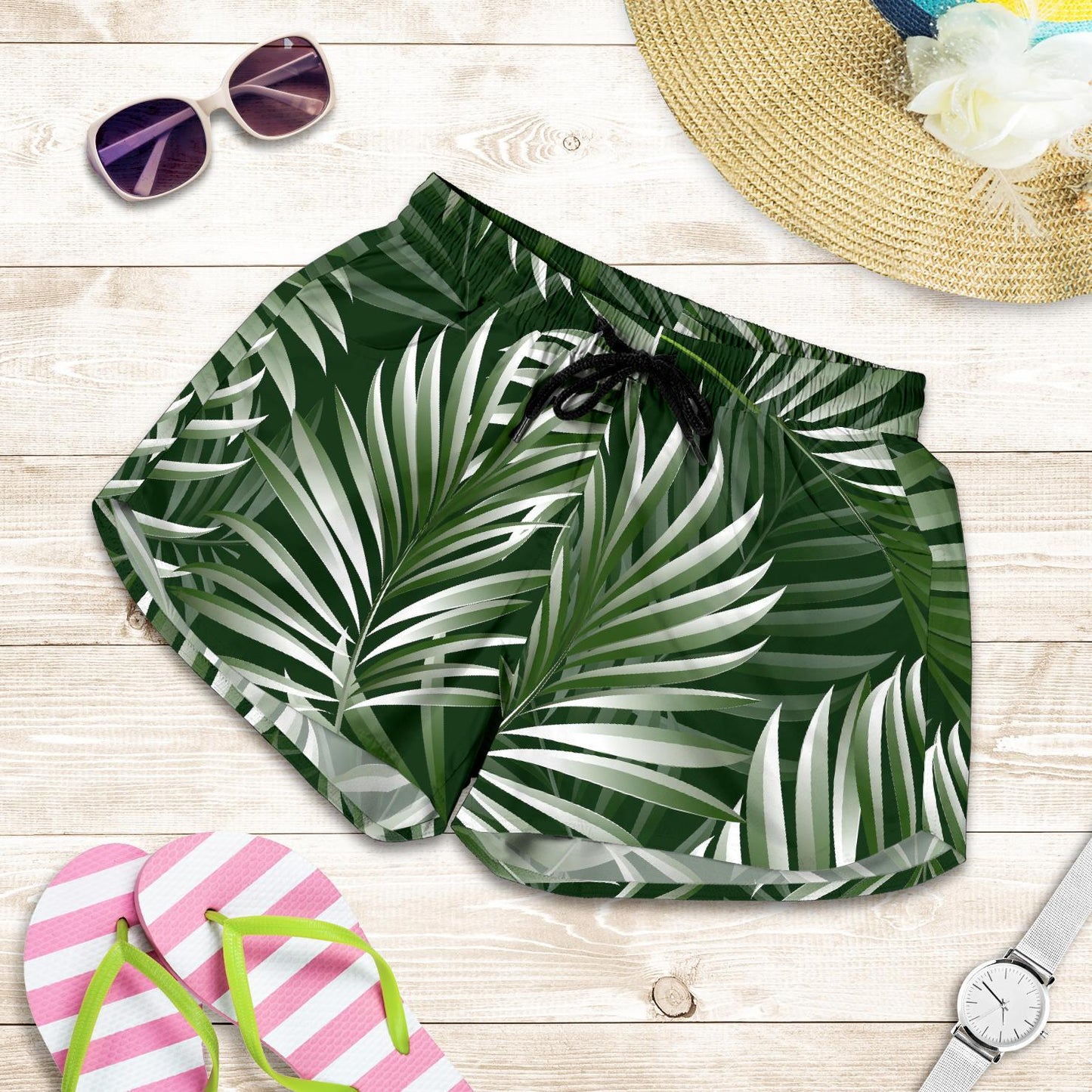 White Green Tropical Palm Leaves Women Shorts-JTAMIGO.COM
