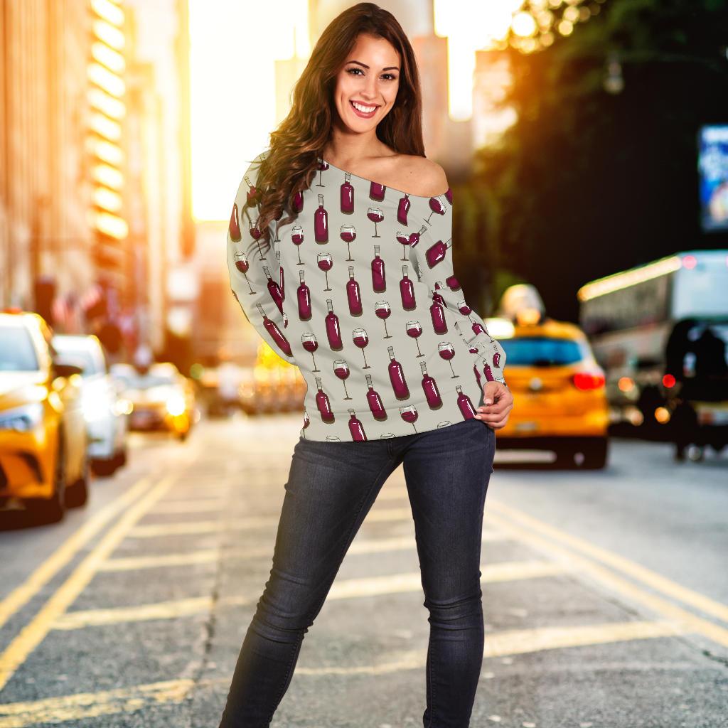 Wine Bottle Pattern Print Off Shoulder Sweatshirt
