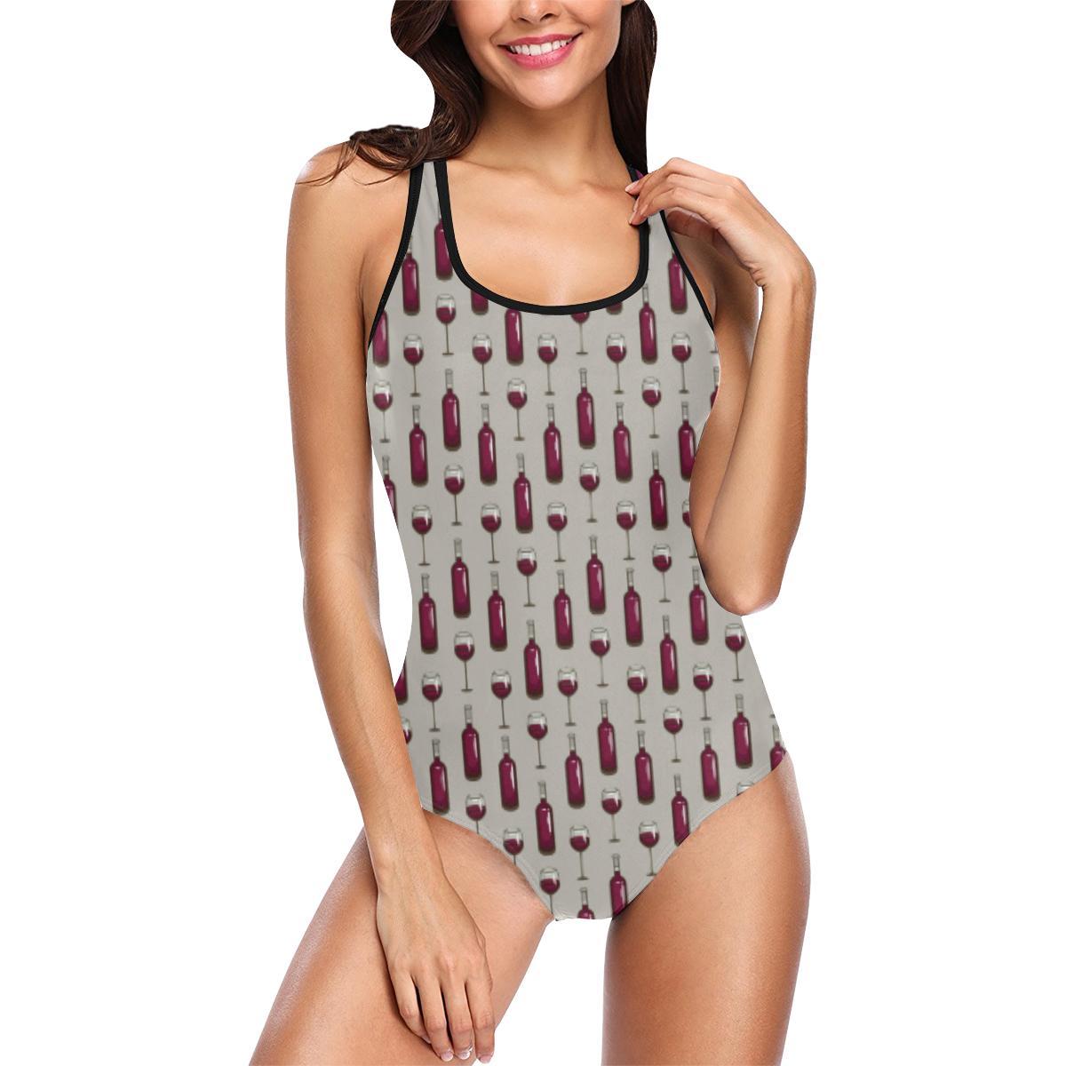 Wine Bottle Pattern Print One Piece Swimsuit-JTAMIGO.COM