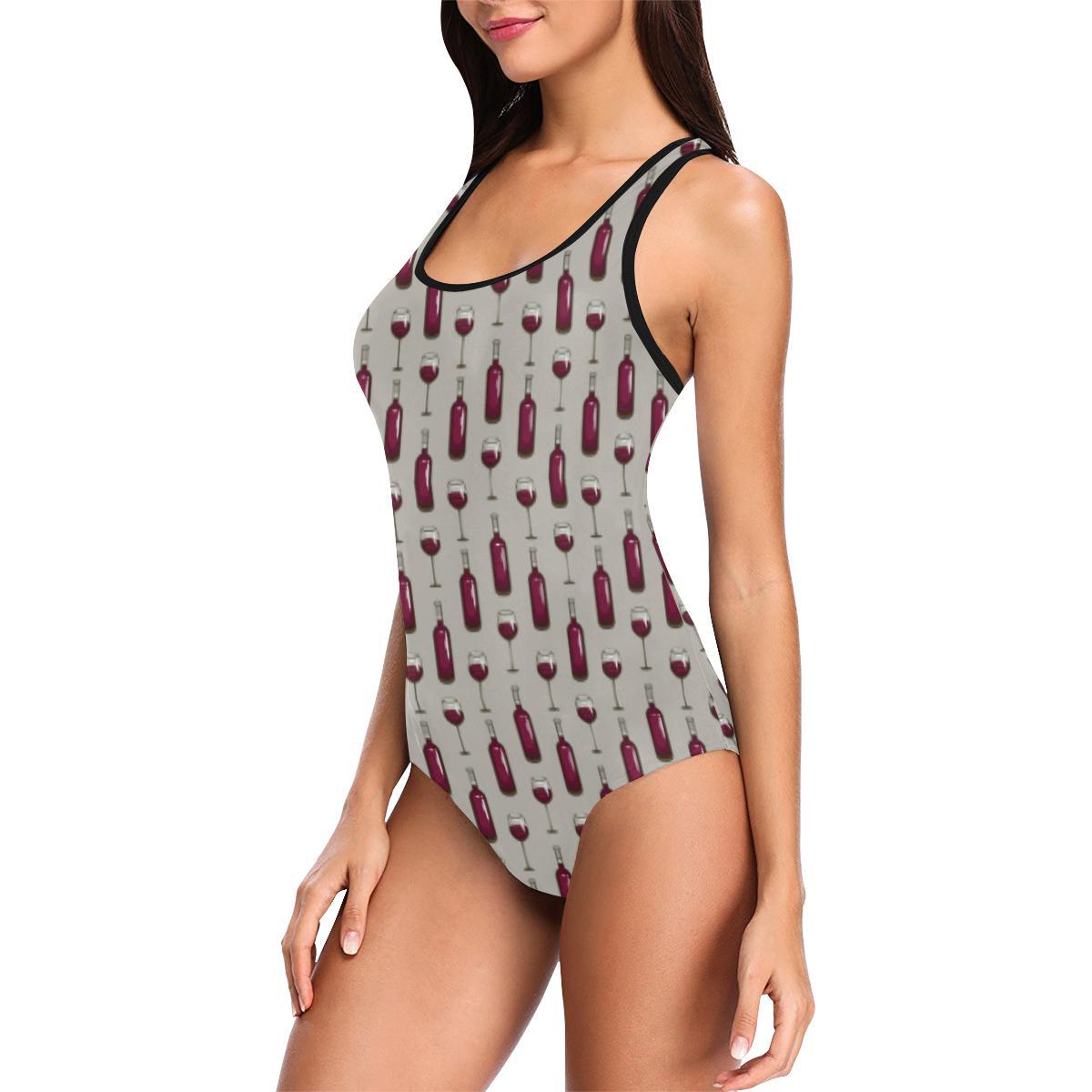 Wine Bottle Pattern Print One Piece Swimsuit-JTAMIGO.COM