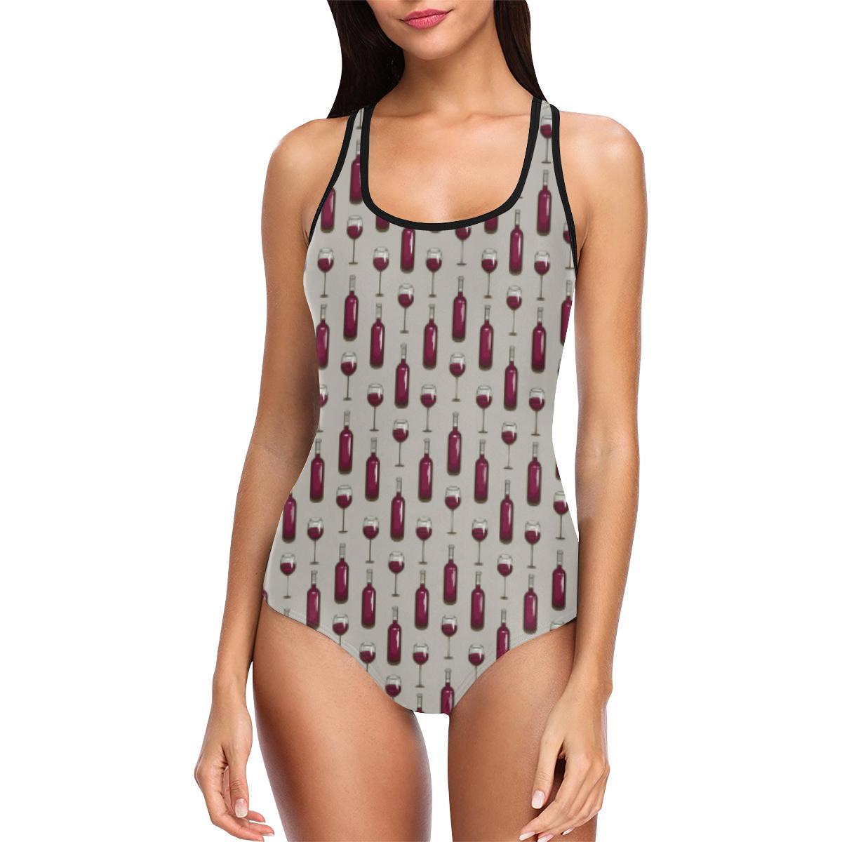 Wine Bottle Pattern Print One Piece Swimsuit-JTAMIGO.COM