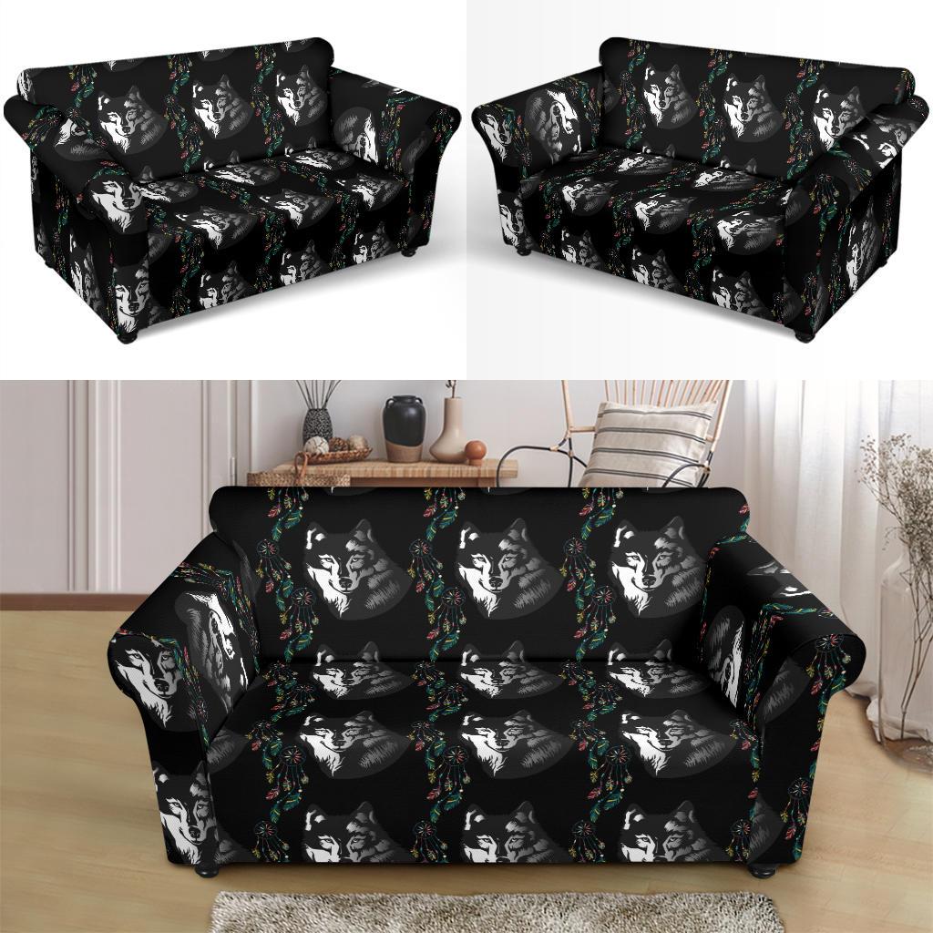 Wolf Black Dream Catcher Design Print Loveseat Slipcover-JTAMIGO.COM