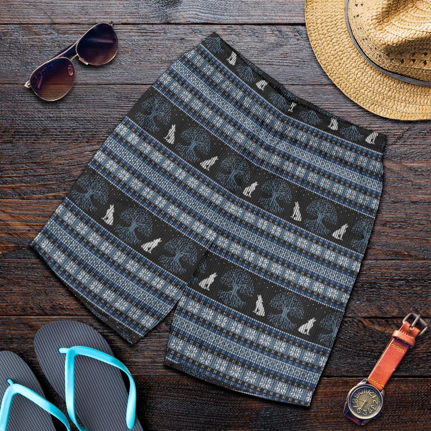 Wolf Tree of Life Knit Design Print Mens Shorts-JTAMIGO.COM