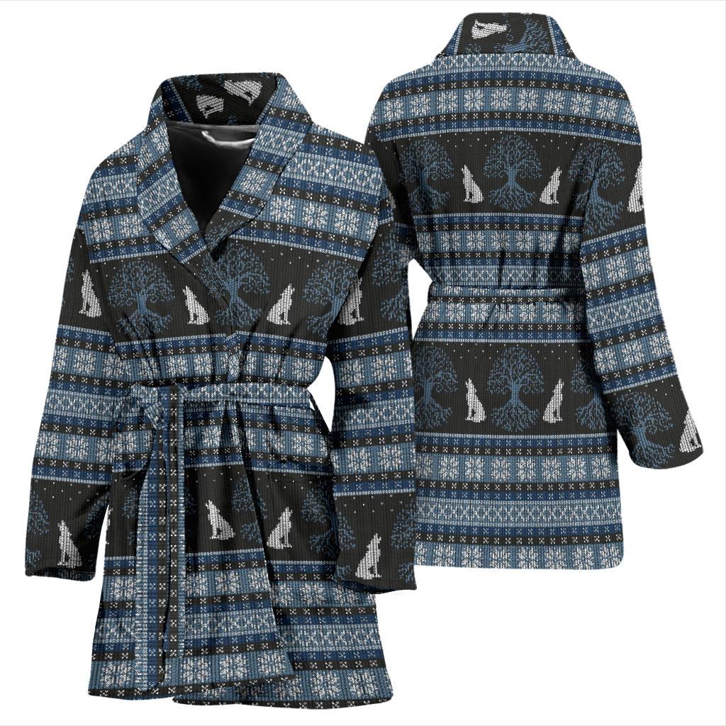 Wolf Tree of Life Knit Design Print Women Bath Robe-JTAMIGO.COM