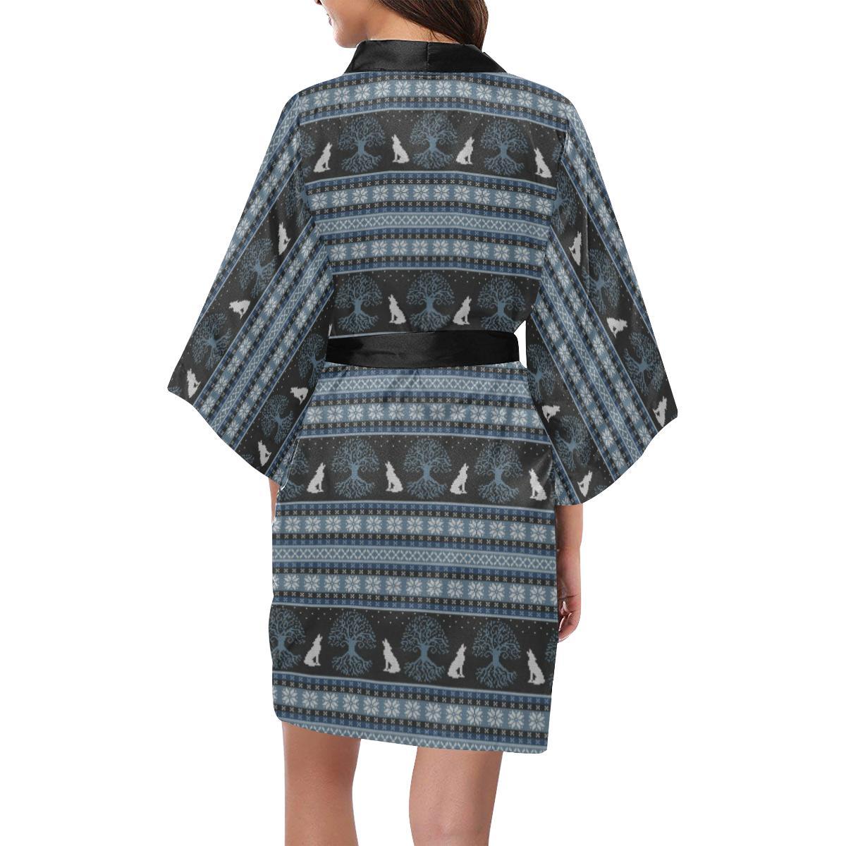 Wolf Tree of Life Knit Design Print Women Short Kimono Robe