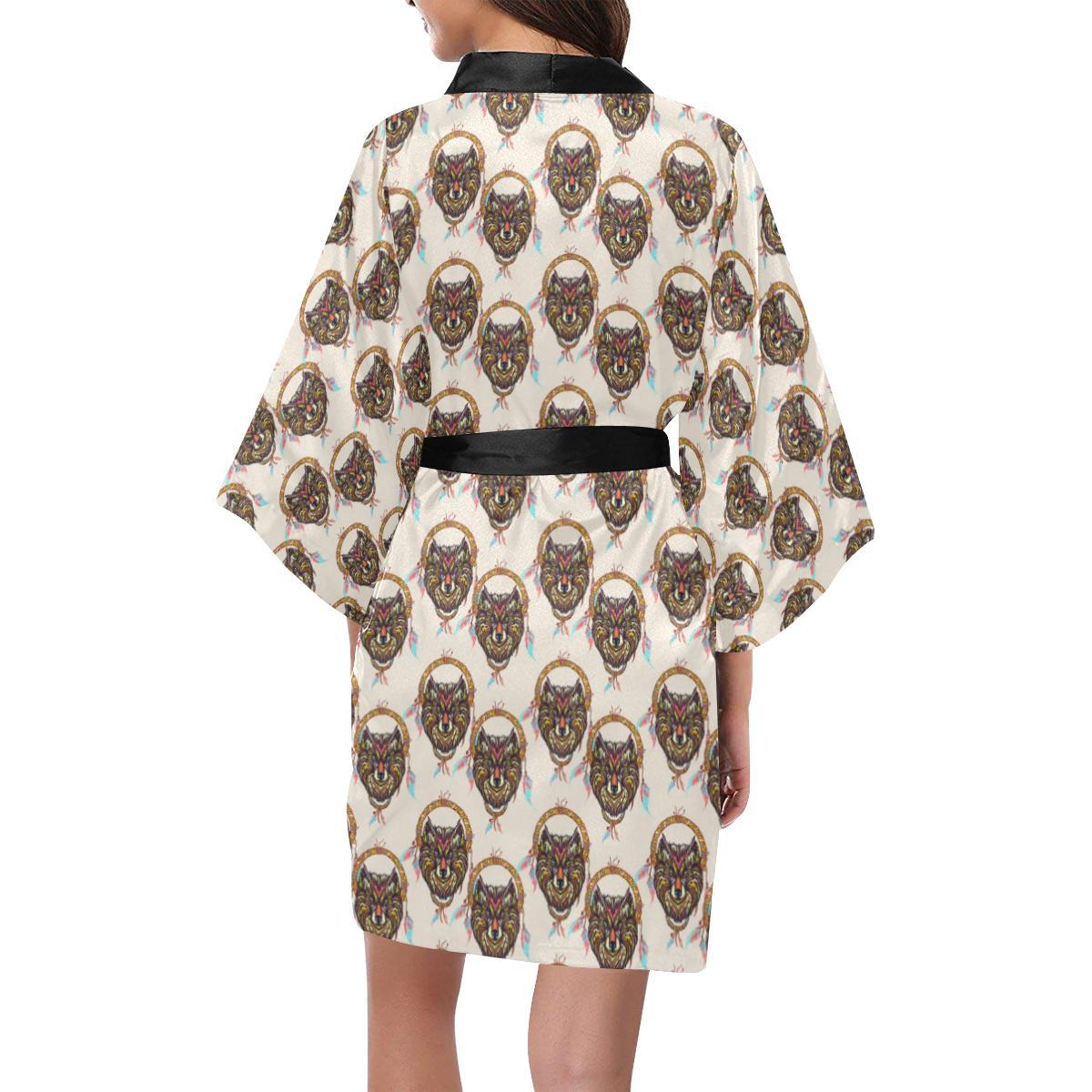 Wolf Tribal Dream Catcher Design Print Women Short Kimono Robe