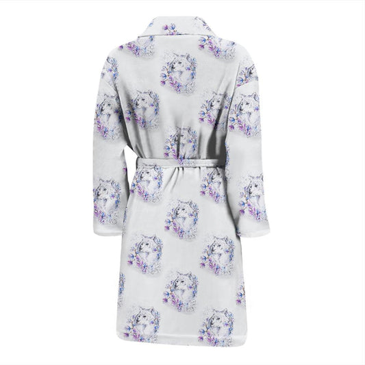 Wolf with Flower Print Design Men Bath Robe-JTAMIGO.COM
