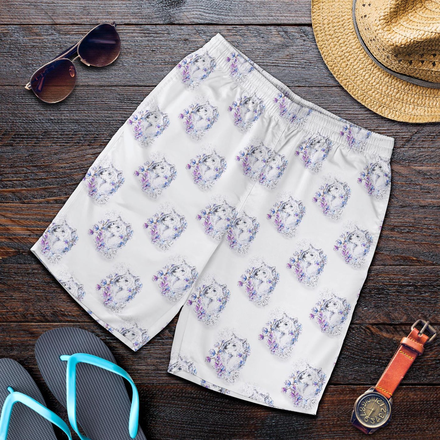 Wolf with Flower Print Design Mens Shorts-JTAMIGO.COM