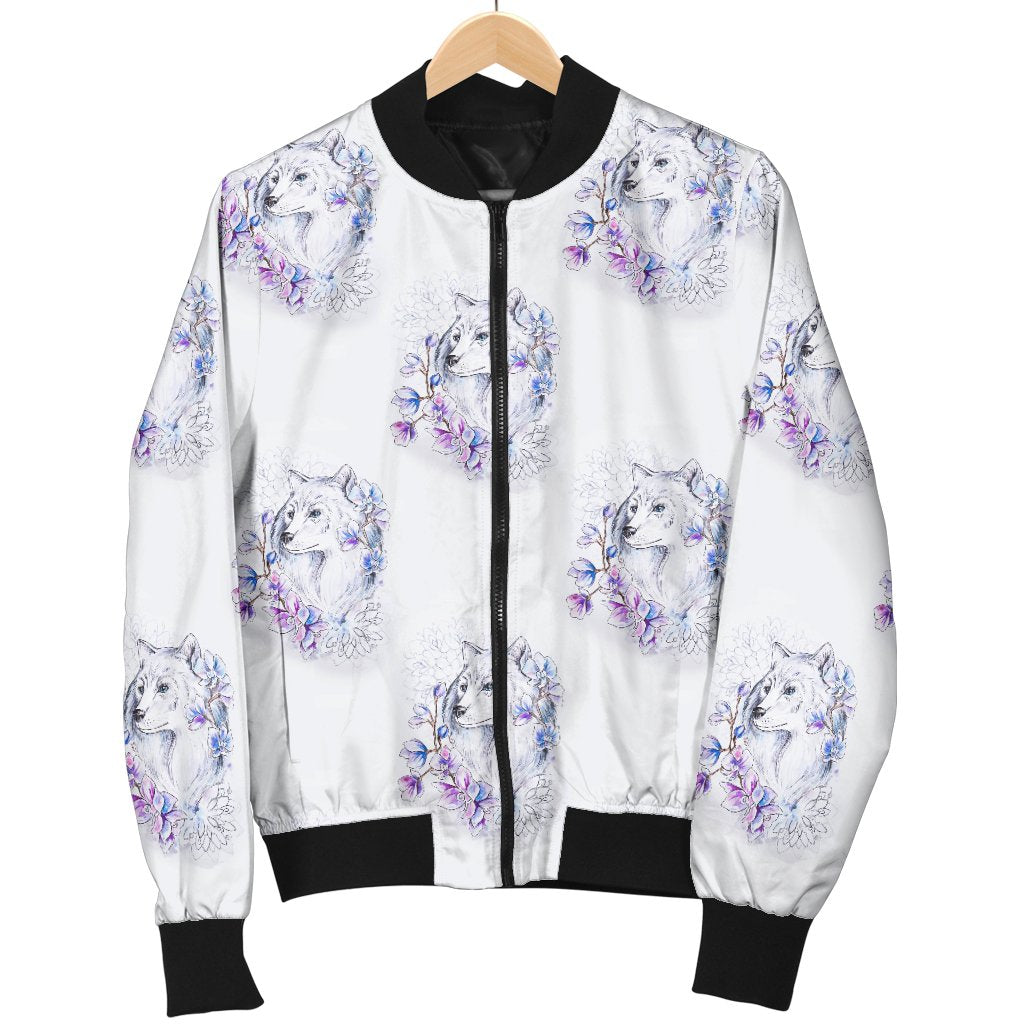 Wolf With Flower Print Design Women Casual Bomber Jacket
