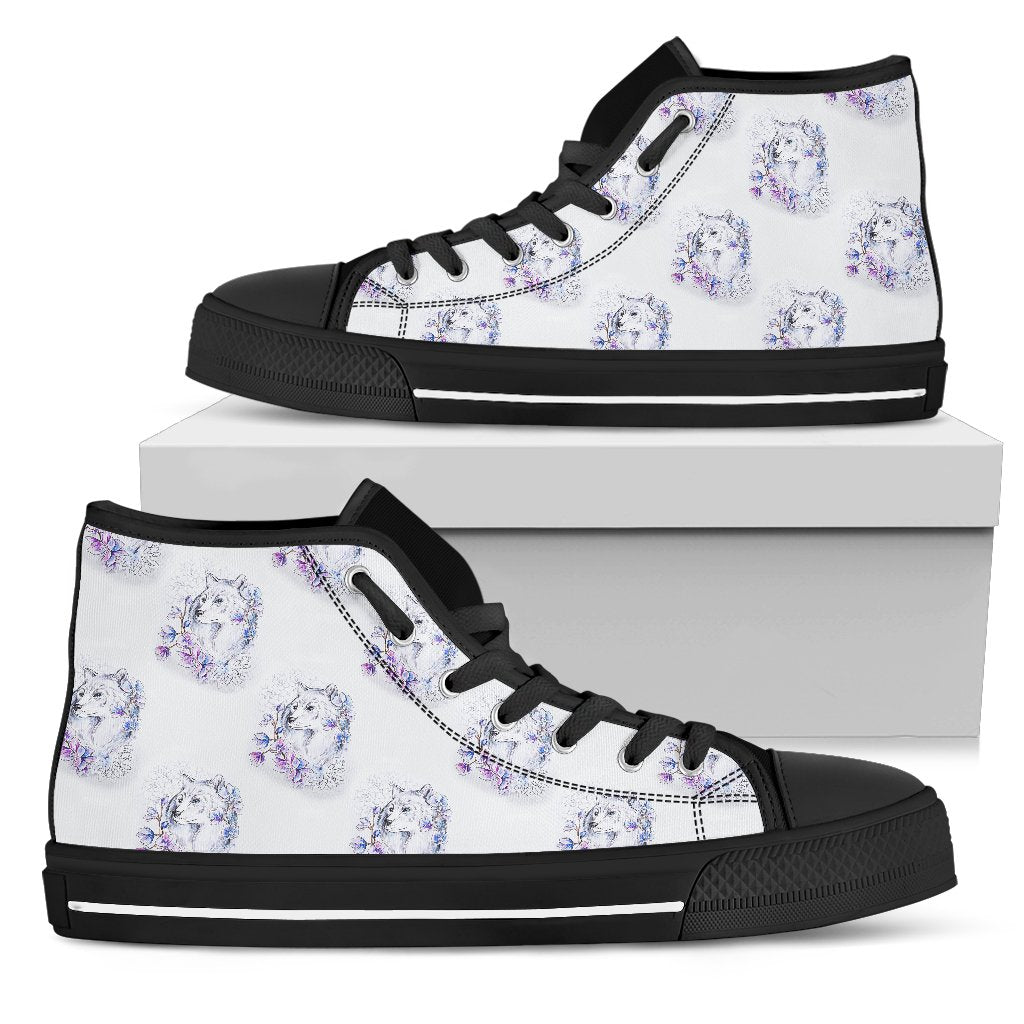 Wolf with Flower Print Design Women High Top Shoes