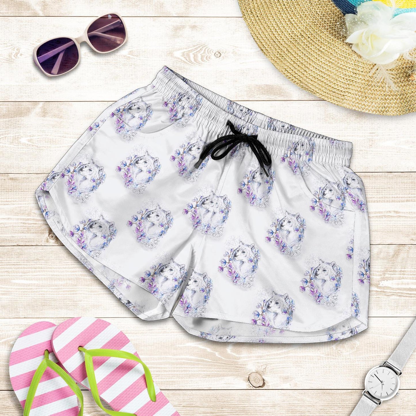 Wolf with Flower Print Design Women Shorts-JTAMIGO.COM