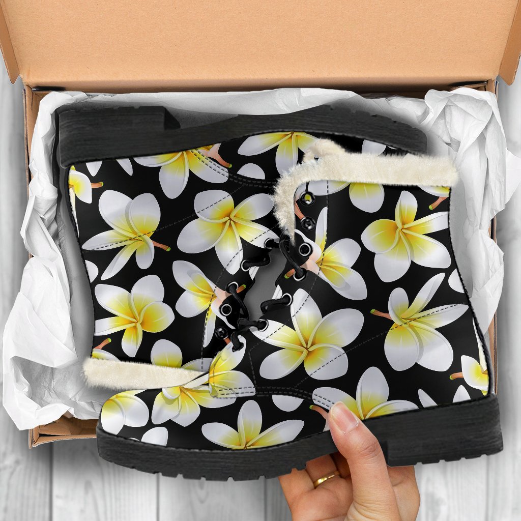 Yellow Plumeria Hawaiian Flowers Faux Fur Leather Boots-JTAMIGO.COM