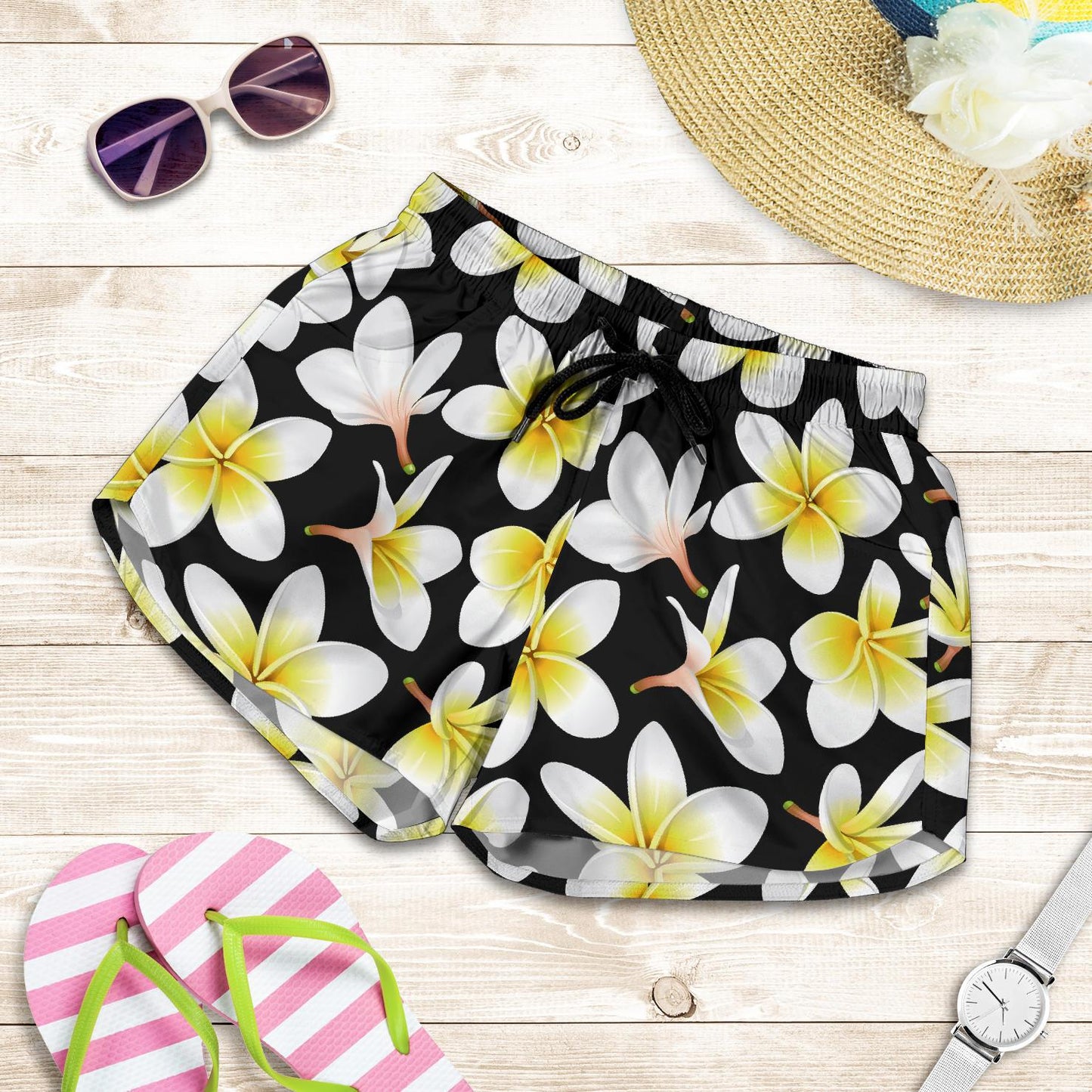 Yellow Plumeria Hawaiian Flowers Women Shorts-JTAMIGO.COM