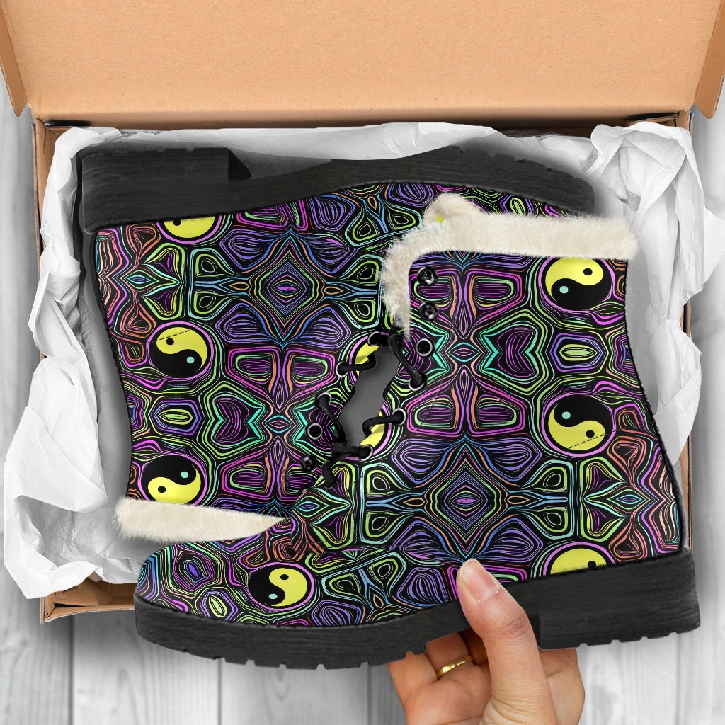 Yin Yang Neon Color Design Print Faux Fur Leather Boots-JTAMIGO.COM