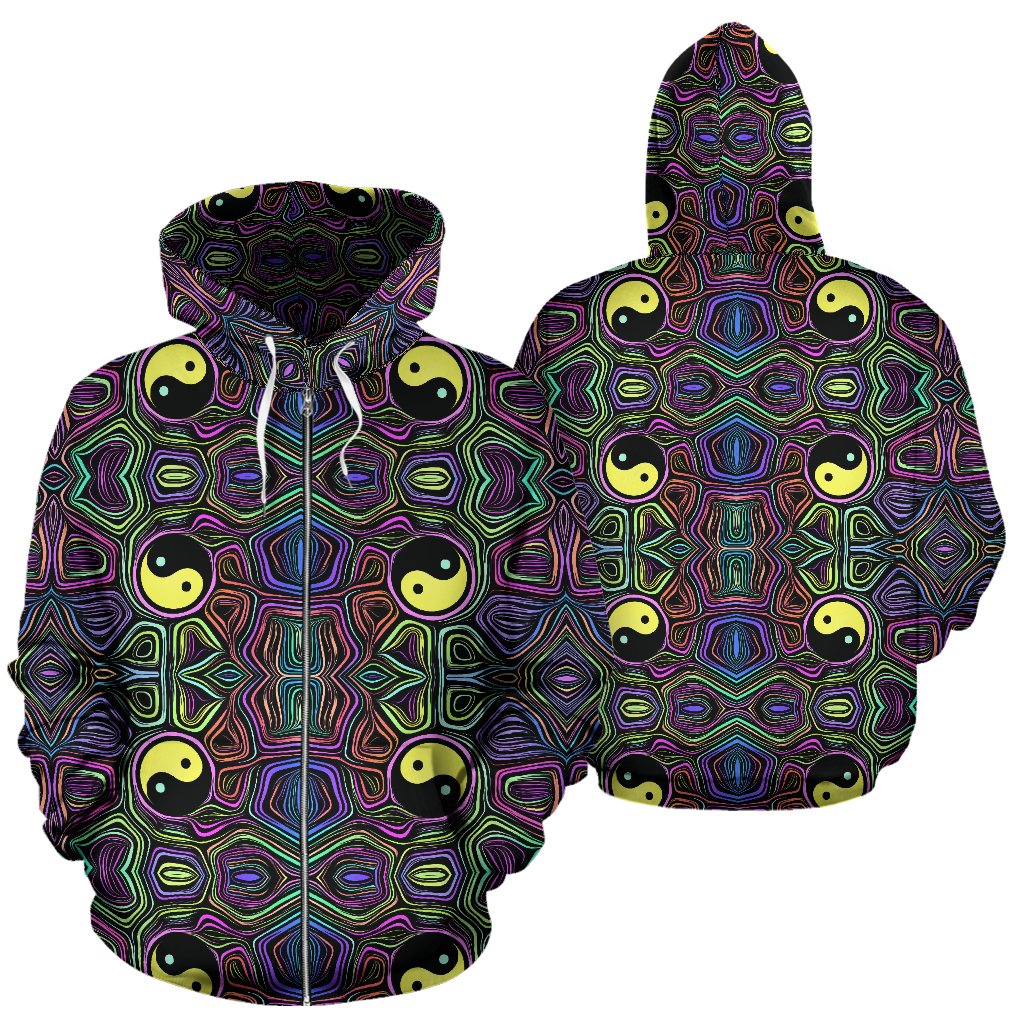 Yin Yang Neon Color Design Print Zip Up Hoodie