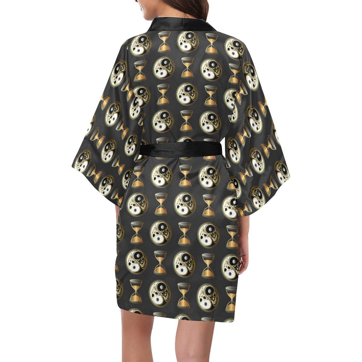 Yin Yang Skull Themed Design Print Women Short Kimono Robe
