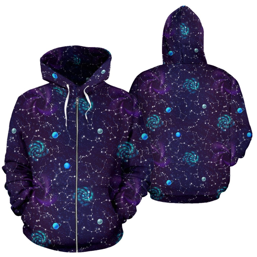 Zodiac Galaxy Design Print Zip Up Hoodie