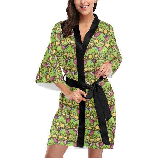 Zombie Head Design Pattern Print Women Short Kimono Robe