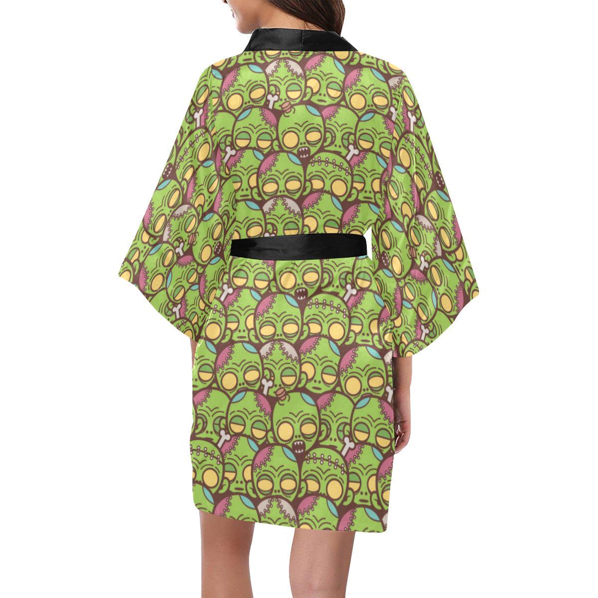Zombie Head Design Pattern Print Women Short Kimono Robe