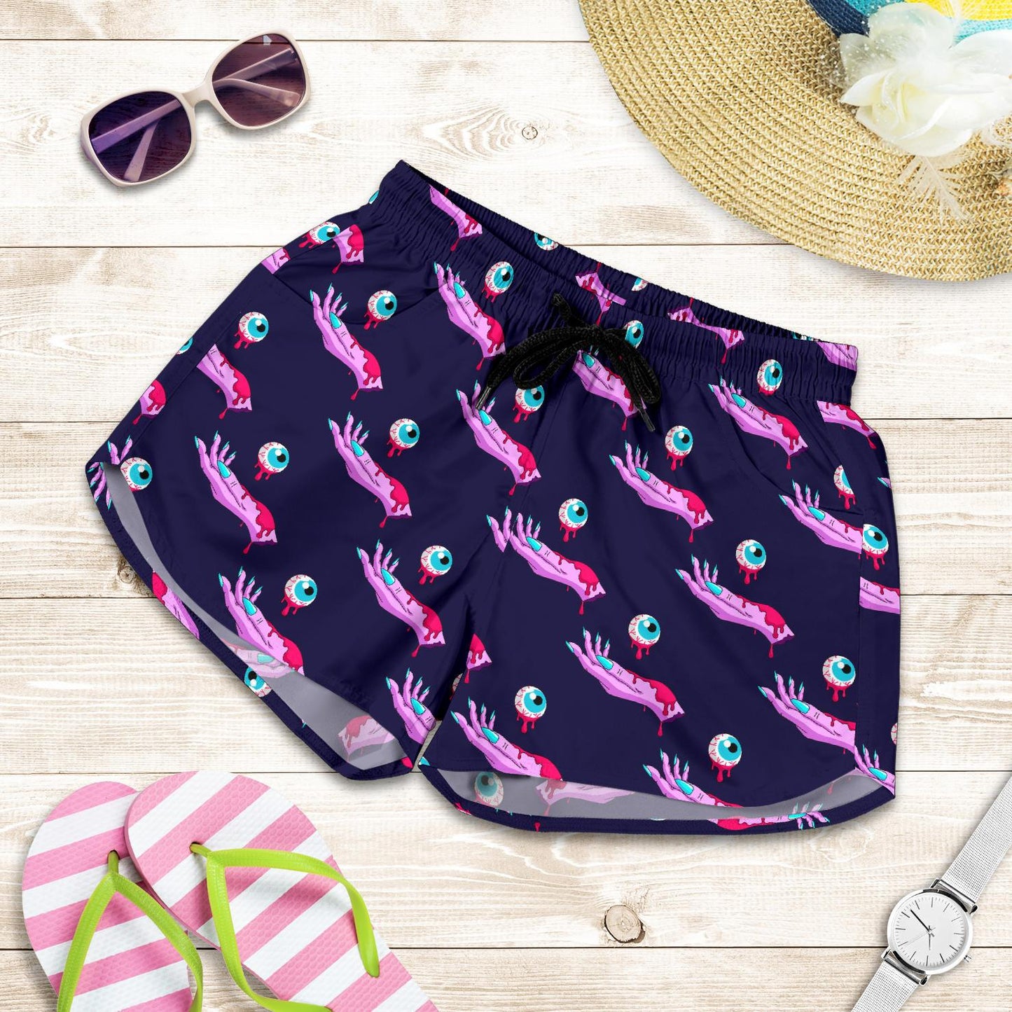 Zombie Pink Hand Design Pattern Print Women Shorts-JTAMIGO.COM