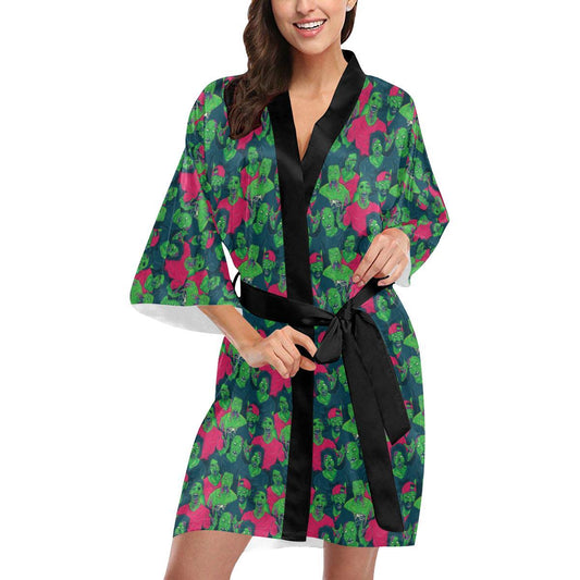 Zombie Themed Design Pattern Print Women Short Kimono Robe