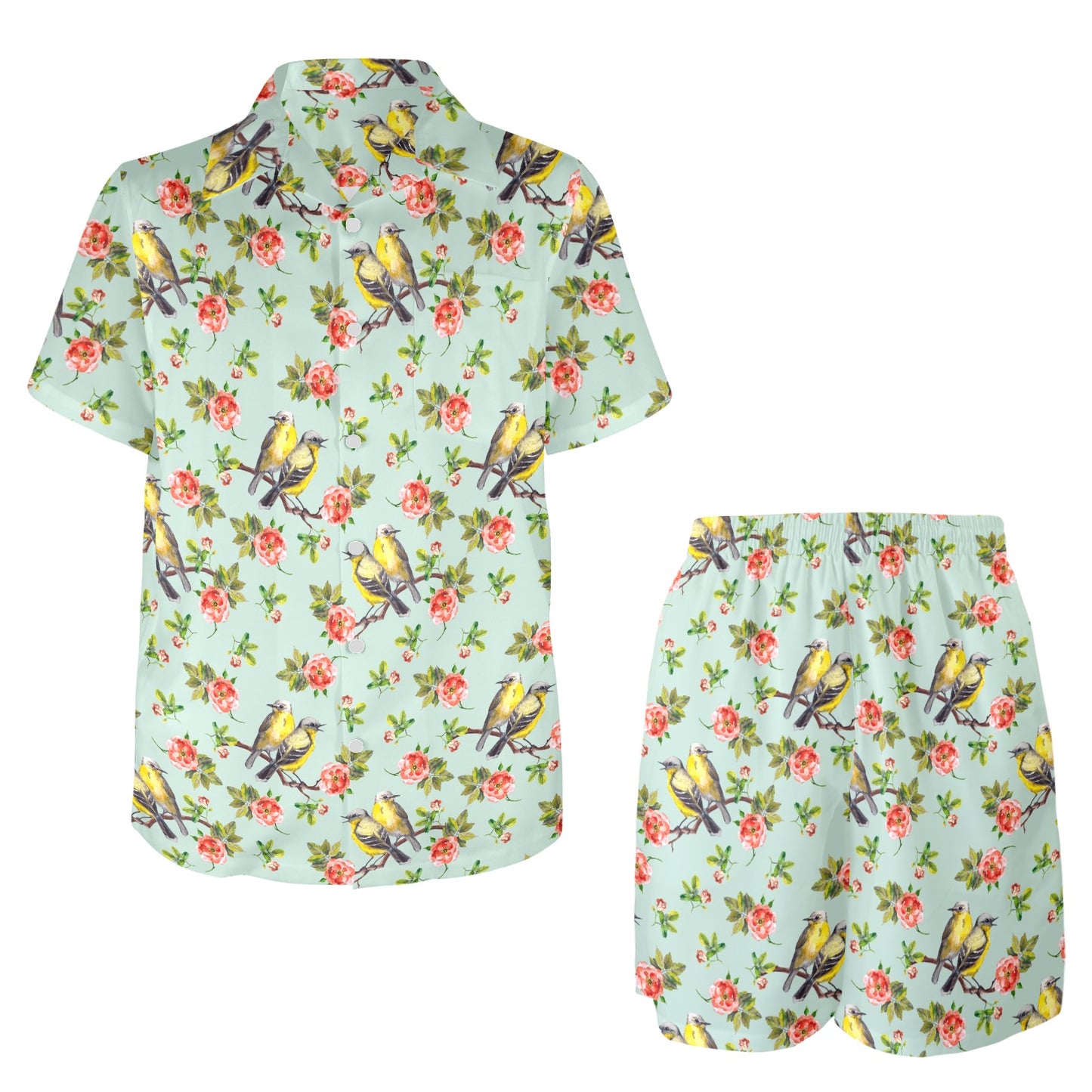 Bird with Red Flower Print Pattern Men's Beach Shirt and Shorts Set