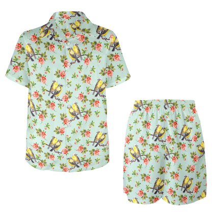 Bird with Red Flower Print Pattern Men's Beach Shirt and Shorts Set