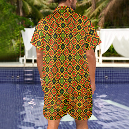 Rasta Reggae Color Pattern Men's Beach Shirt and Shorts Set
