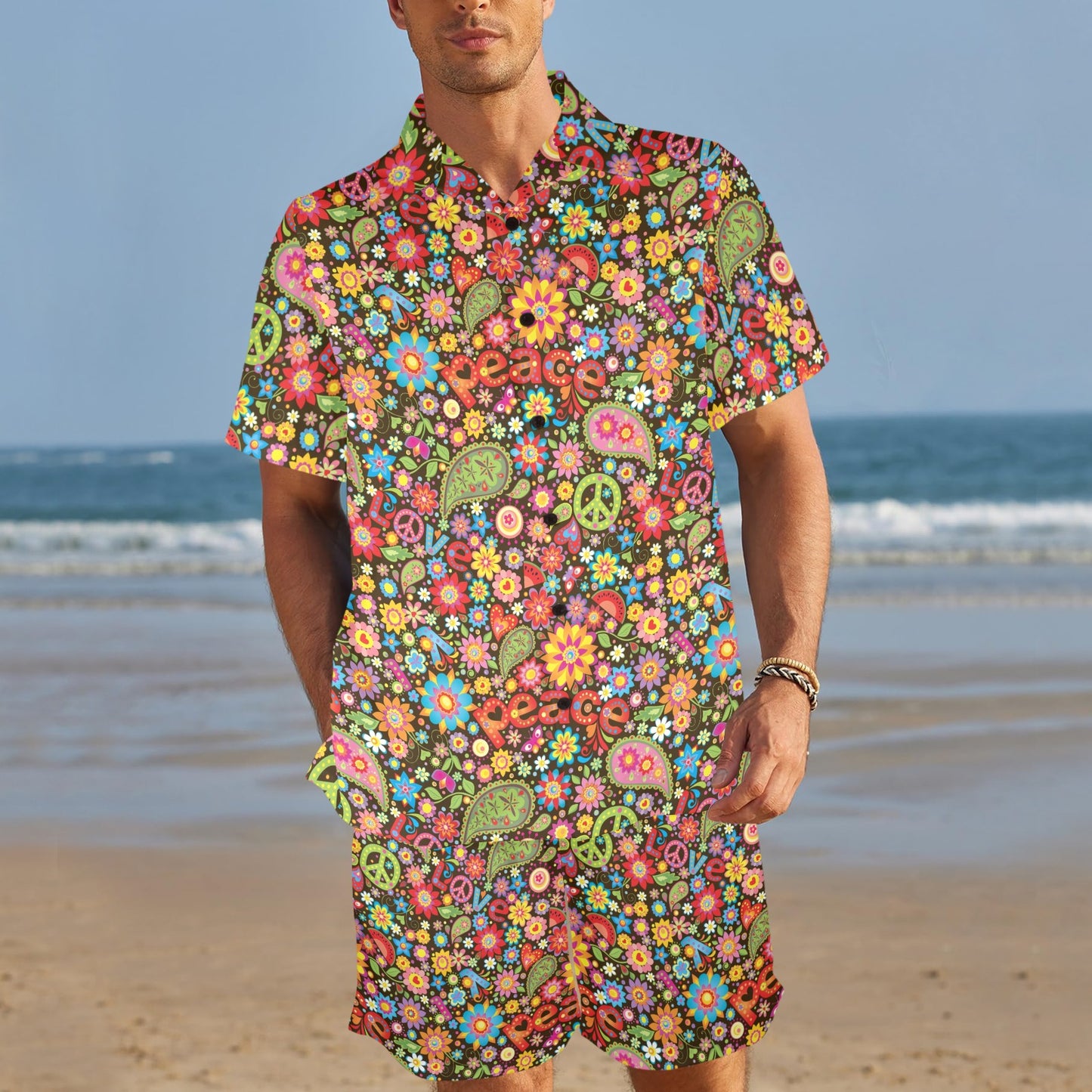Flower Power Peace Paisley Themed Print Men's Beach Shirt and Shorts Set