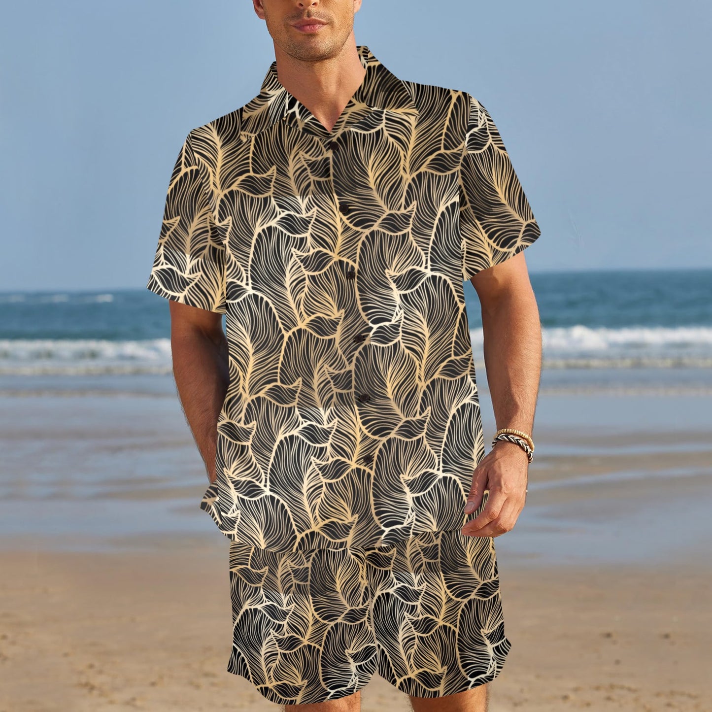 Elegant Gold leaf Print Men's Beach Shirt and Shorts Set