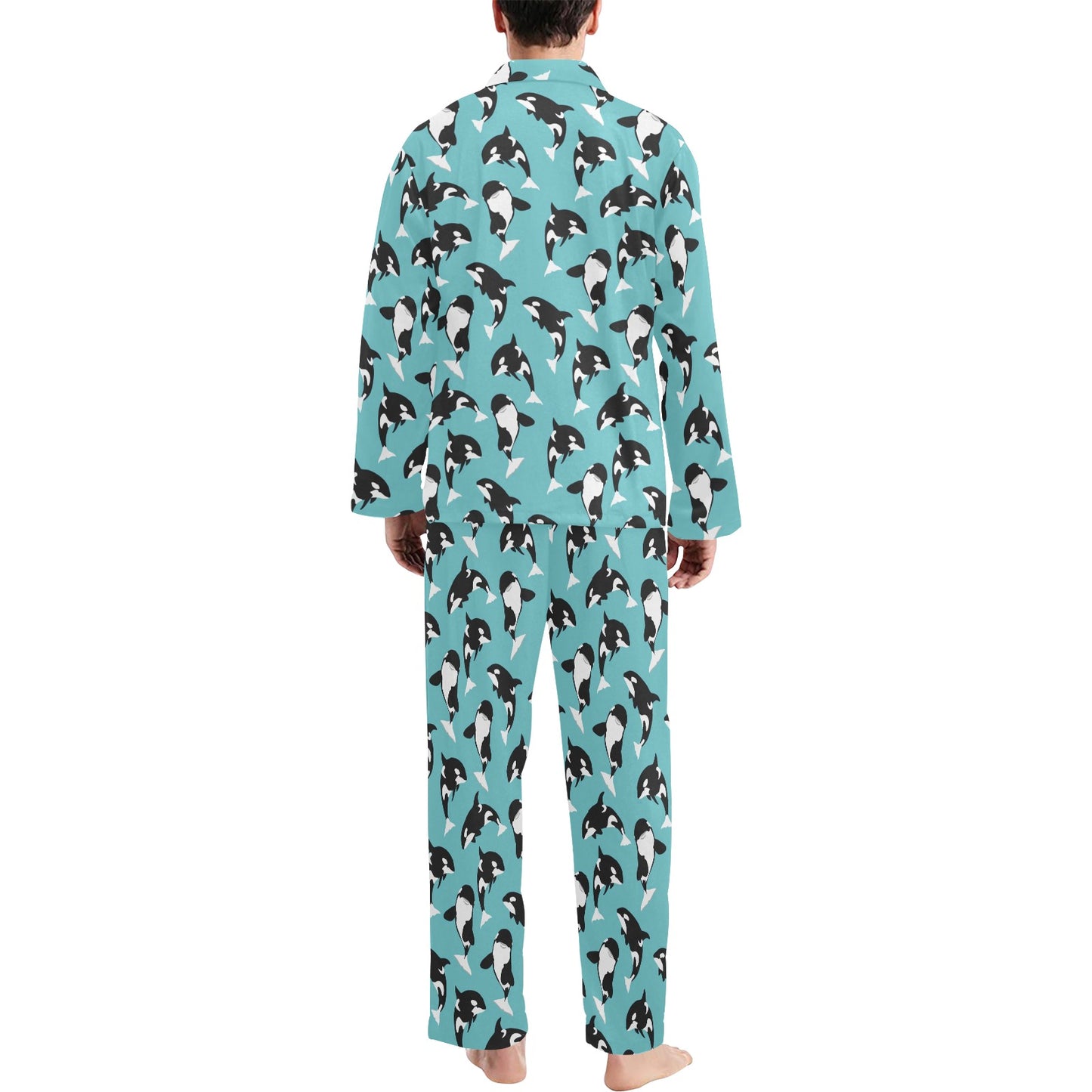Whale Action Design Themed Print Men's Long Pajama Set