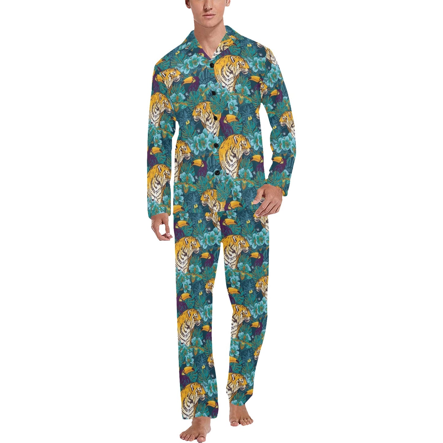 Tiger Tropical Print Design LKS301 Men's Long Pajama Set