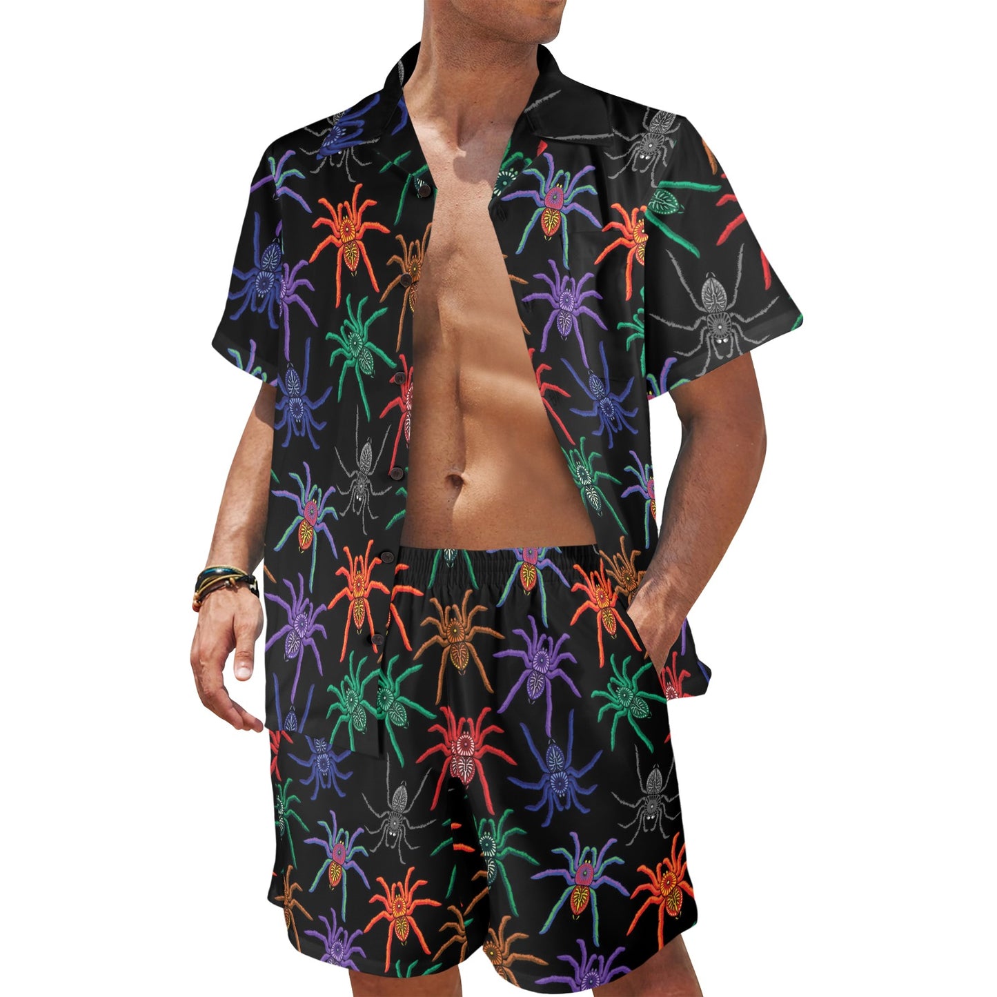 Tarantula Neon Color Pattern Print Design 03 Men's Beach Shirt and Shorts Set