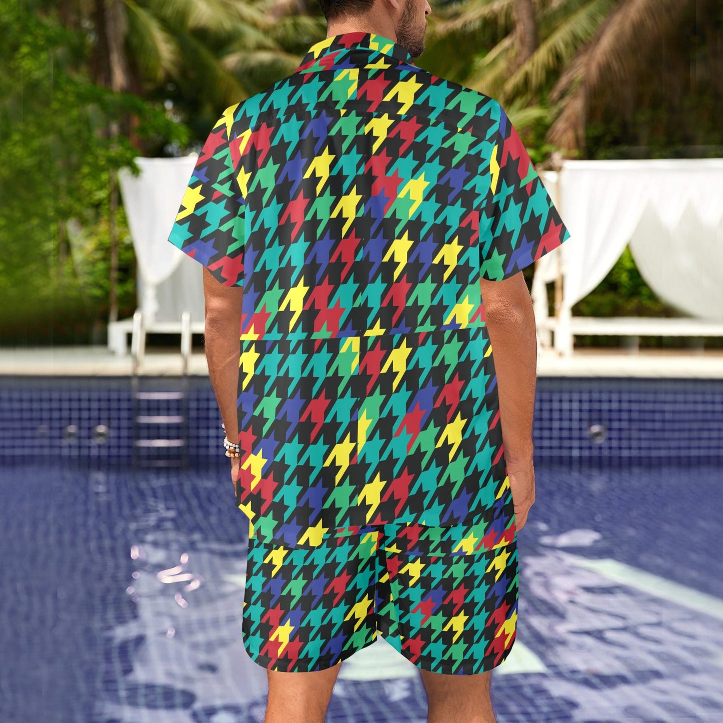 Houndstooth Colorful Pattern Print Design 02 Men's Beach Shirt and Shorts Set