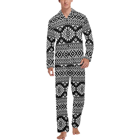 Aztec Black White Print Pattern Men's Long Pajama Set