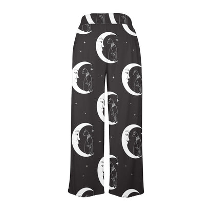 Moon with Cat Pattern Print Design 04 Women's Wide Leg Lounge Pants